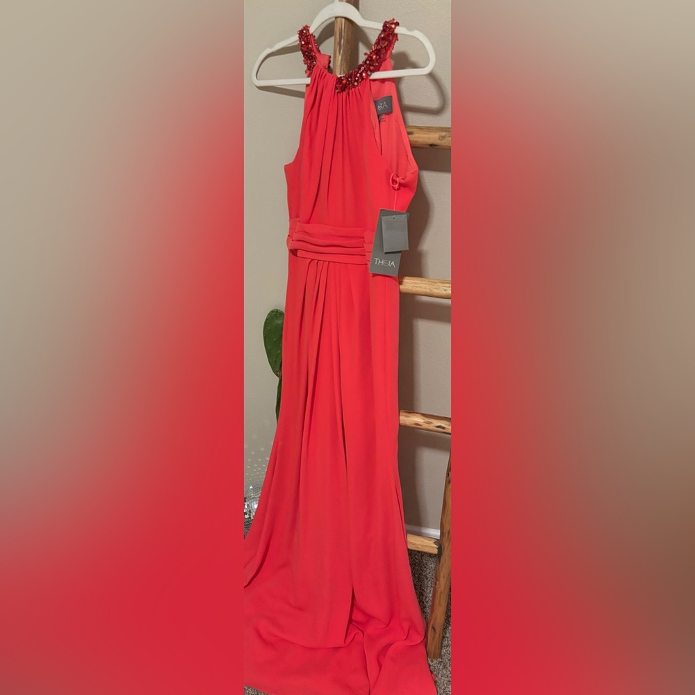 Coral gown with beaded halter
